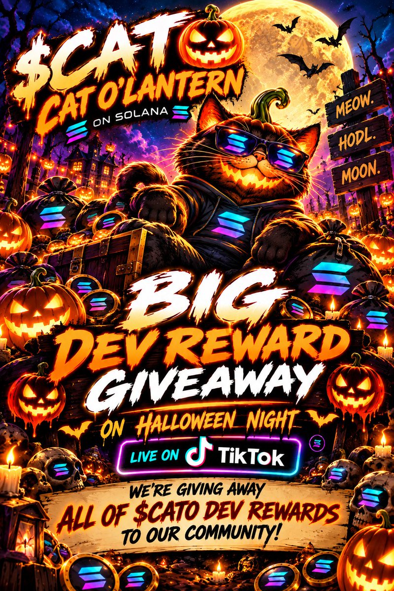 CatOLanternSOL's tweet photo. 🎃🐈‍⬛ $CATO IS GIVING IT ALL BACK. 🐈‍⬛🎃

This Halloween Night, we’re going LIVE on TikTok for the $CATO DEV REWARD GIVEAWAY! 🔥

💰 ALL $CATO DEV REWARDS
🎁 GIVEN BACK TO OUR COMMUNITY
📱 LIVE ON TIKTOK
🎃 HALLOWEEN NIGHT

We’re building CAT O’LANTERN around the community — and on Halloween, the community gets the rewards. 🐈‍⬛🔥

Bring the whole pumpkin patch. 🎃

MEOW. HODL. MOON. 🌙

$CATO #CATO #CatOLantern #Solana #SolanaMemecoin #CryptoTikTok #Memecoin #Halloween #Giveaway #Crypto

GeNwBZWJcWQAkLDdty7geii9xSjtCuga1qE9DDzLpump