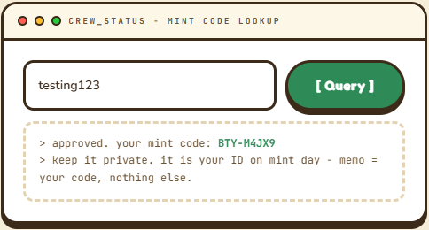 TheBountyNFT's tweet photo. Our team is hand-checking all applications.

Once you're approved, you'll be able to see your mint code for Whitelist through the query form.

Keep this code handy for when WL mint opens on Mint Day. https://t.co/x76TEPFosp