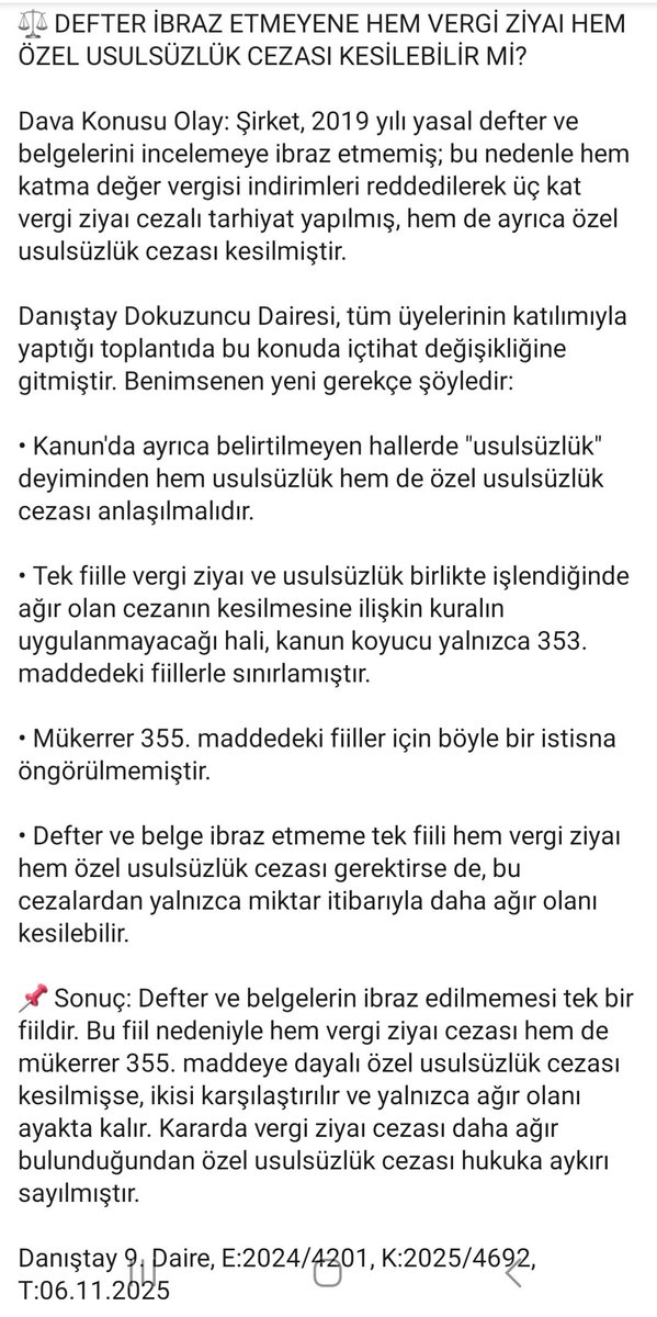 VergiBeyi's tweet photo. Defter ibraz etmeyene hem vergi ziyaı cezası hem özel usulsüzlük cezası kesilir mi? ➡️⬇️➡️ #Vergi #Usulsüzlük #VergiZiyaı #İstasyon #Danıştay https://t.co/UvE8tVSd7z
