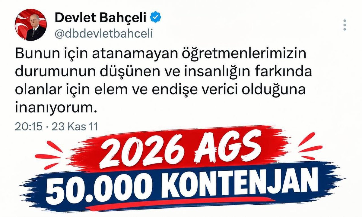 atanacakpisi's tweet photo. @MHP_Bilgi Türkiye Yüzyılı'na yakışır şekilde okullarımızda hiçbir eksik kalmamalıdır. MHP Lideri Sayın Devlet Bahçeli'nin 2026 AGS'de 50 bin kontenjan kararına öncülük etmesini rica ediyoruz. @RTErdogan @Yusuf__Tekin @dbdevletbahceli @MHP_Bilgi @TalipGeylan06 #DevletBeyAGS50Bin https://t.co/sJhjfOohGd