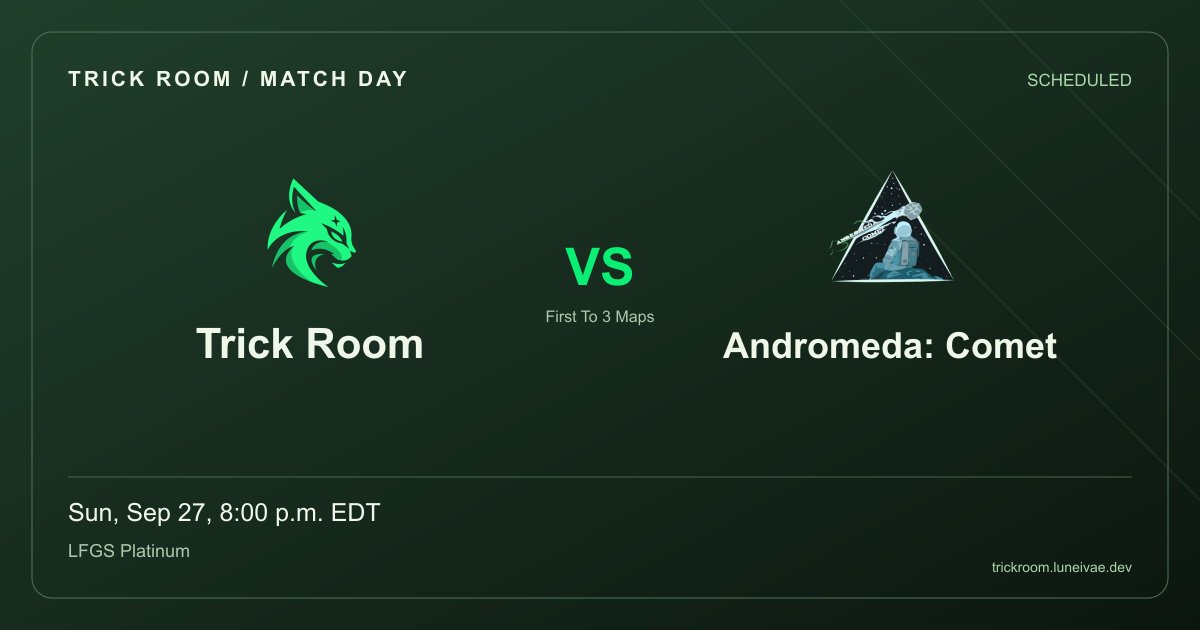 VerseeOW's tweet photo. Come hang out for Trick Room vs Andromeda: Comet! Sun, Sep 27, 8:00 p.m. EDT | LFGS Platinum https://t.co/EGtgKxYJqW https://t.co/4SNosVbDGd