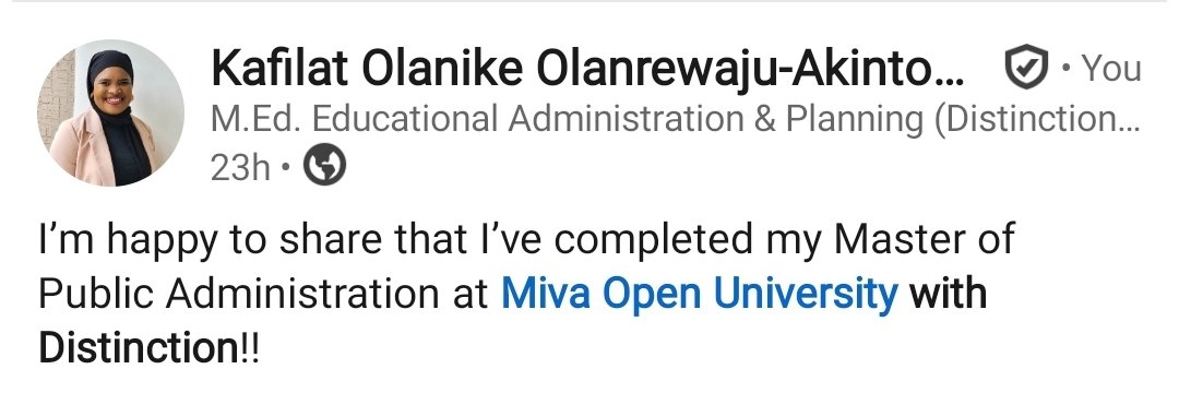 phunmeelaryo's tweet photo. Double Masters - Double Distinction ❤️
Olanrewaju-Akintomiwa Kafilat Olanike 
MEd Educational Administration and Planning - Unilag - 4.54/5.0 (Distinction)
Masters of Public Administration (Public Policy Specialisation) - Miva Open University - 4.83/5.0 (Distinction)
❤️❤️🎉🎉 https://t.co/zwz9oSNAwZ