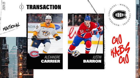 RinkyReport's tweet photo. #Preds D Justin Barron has been placed on waivers today. 

Justin Barron was traded by the Montreal Canadiens for Alexandre Carrier who became a huge piece of the Habs D-Core. #GoHabsGo #NHL https://t.co/2kBkdKBWcG