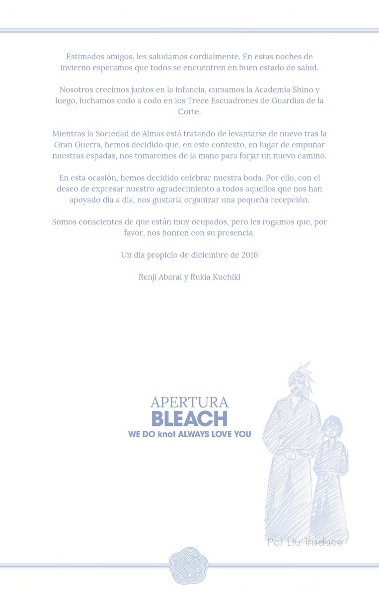 LiuTraduce02's tweet photo. La versión física de la novela WE DO knot ALWAYS LOVE YOU incluye (o incluía) una invitación de la boda de Rukia y Renji
Hice lo mejor que pude para diseñar la misma invitación para los archivos digitales (ya que la raw que conseguí no la tenía)
Espero que les guste https://t.co/rJyUsoMAPB