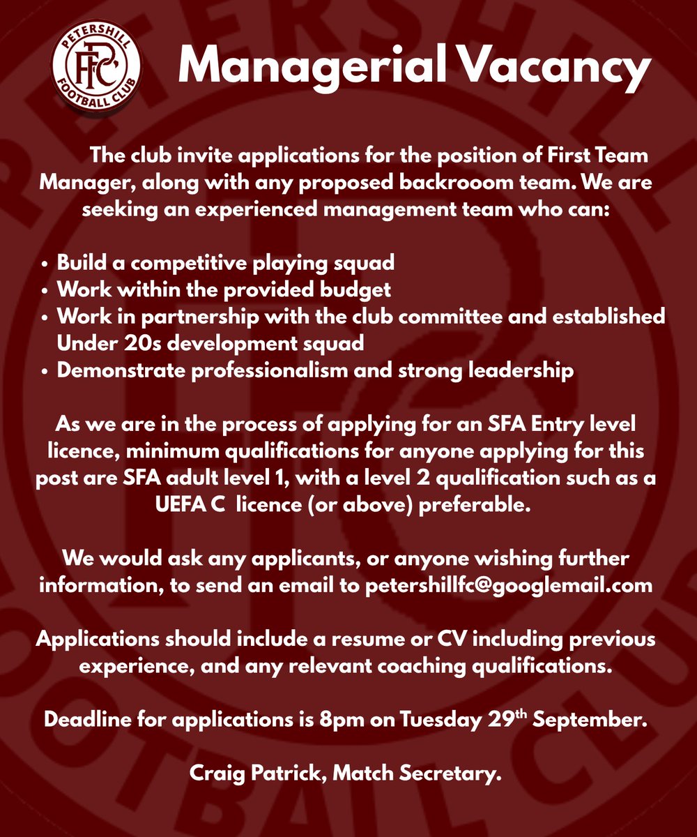 PetershillFC's tweet photo. We are now inviting applications for the post of First Team Manager, details in the graphic below. https://t.co/sd5Cw1BTM8