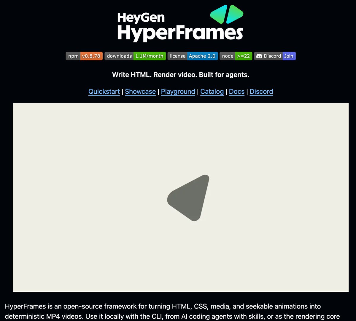 HyperFrames README screenshot showing an agent-native HTML-to-MP4 framework with quickstart links, npm package metadata, and a code-first video workflow