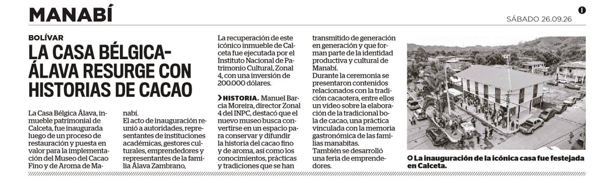 INPCEcuador's tweet photo. #INPCEnMedios | La inauguración de Casa Bélgica Álava, en Calceta, permitió visibilizar la recuperación y puesta en valor de nuestro patrimonio cultural.
Gracias a @eldiarioec por sumarse a la difusión de estas acciones.
#Medios #Alava #Calceta @Cultura_Ec https://t.co/JOlIqv46WS