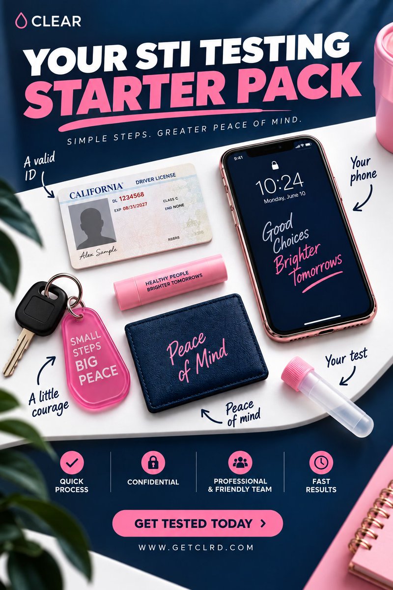 get_clrd's tweet photo. Sexual health check: handled. 🩷 

Get your HIV & STI testing with CLEAR and make taking care of yourself part of your routine. 

Simple, confidential, and one less thing to wonder about.

#GETCLRD