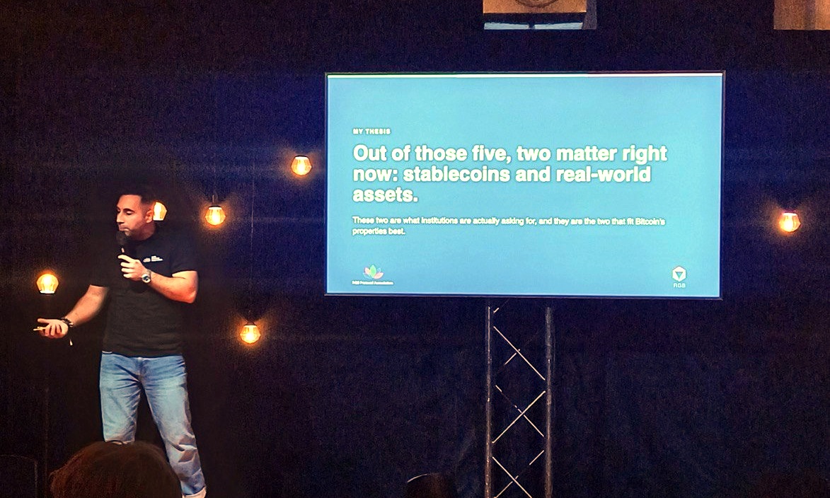RGBAssociation's tweet photo. Birkan Kayadibi spoke at @btchelevent in Helsinki.

Three points: why RGB, how large the stablecoin market has quietly become, and how USDT on RGB is being designed..

"The dollar left Bitcoin for engineering reasons. Those reasons are gone." https://t.co/oGWD12DWjh