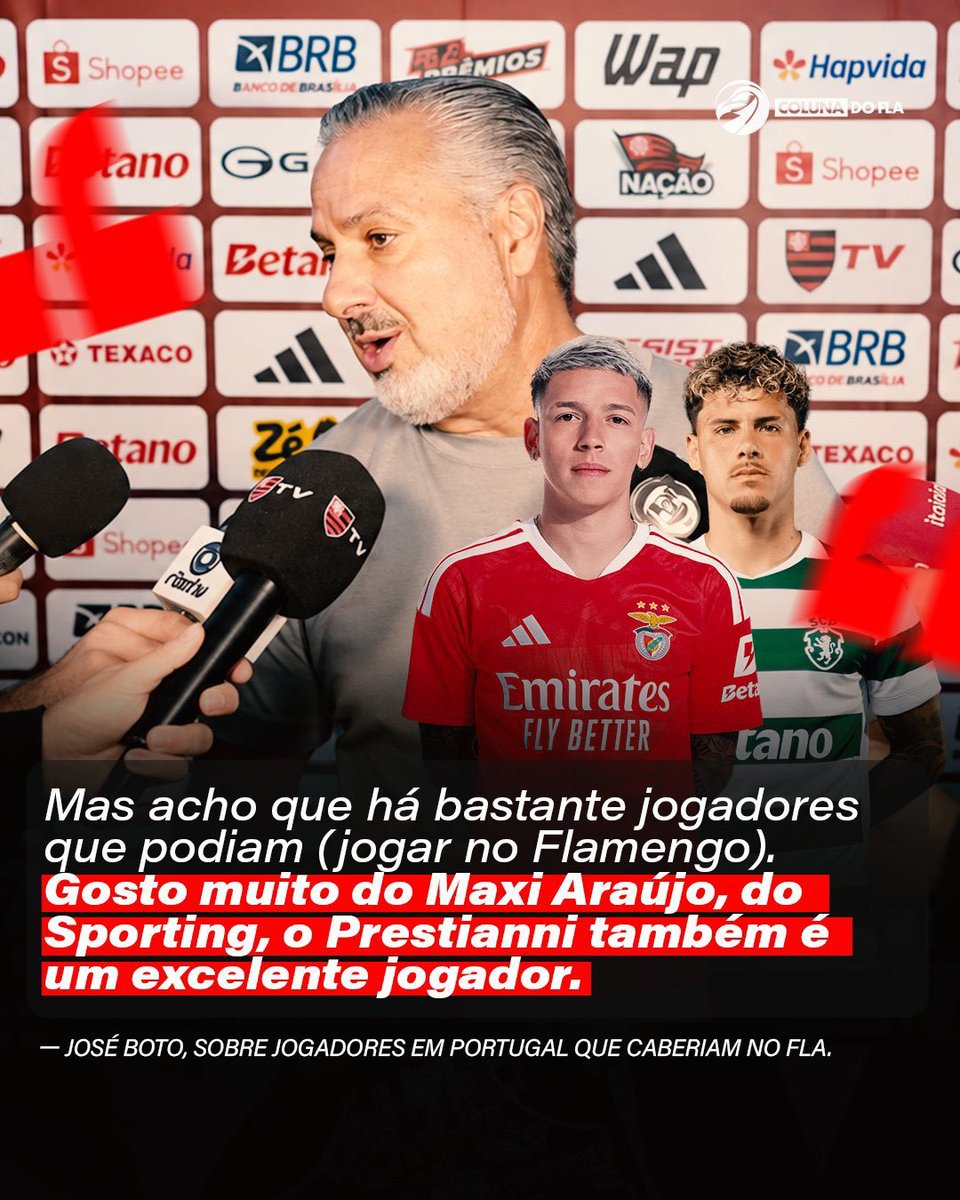 TLIoficial's tweet photo. José Boto elogia Prestianni e cita jogadores que teriam espaço no Flamengo

O diretor de futebol do Flamengo, José Boto, elogiou o atacante argentino Gianluca Prestianni e afirmou que o jogador teria espaço no elenco rubro-negro.
Segundo Boto, além de Prestianni, outros jogadores portugueses também poderiam atuar pelo Flamengo, como o zagueiro Tomás Araújo.

“O Prestianni também é um excelente jogador. E depois temos os portugueses, como o Tomás Araújo… temos vários jogadores que, com certeza, caberiam no Flamengo."

📸 @ColunadoFla