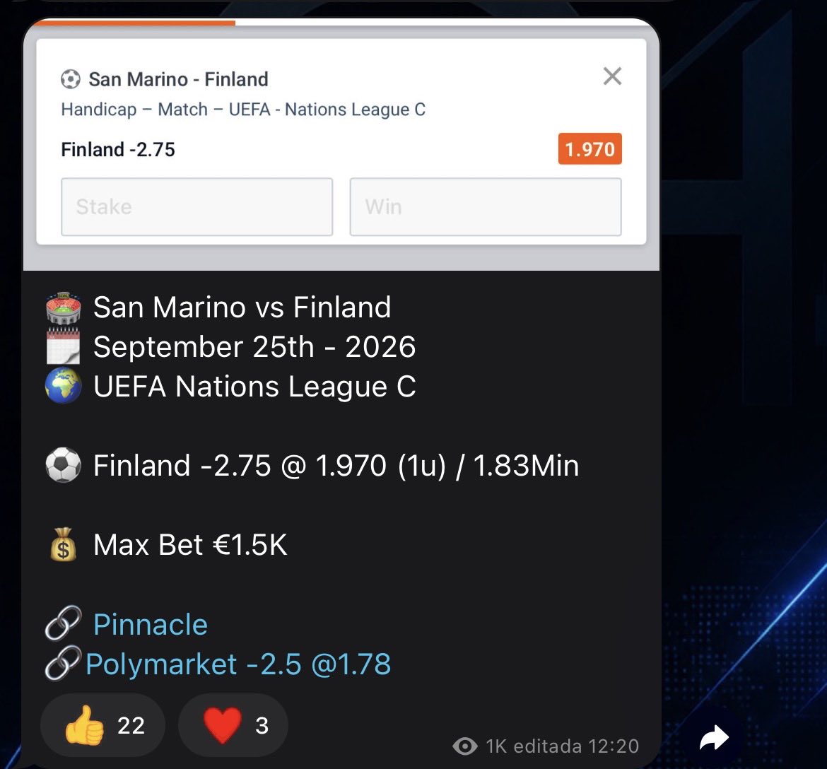 diegothepunter's tweet photo. 🇫🇮 Finland -2.75 ✅

1u | 1.97

CASHED 🟢  
+0.97u  
CLV +4.6%

TCs Structured Release / Fixed Posting Times FREE GROUP ⤵️ https://t.co/T9OhY2GuQ5