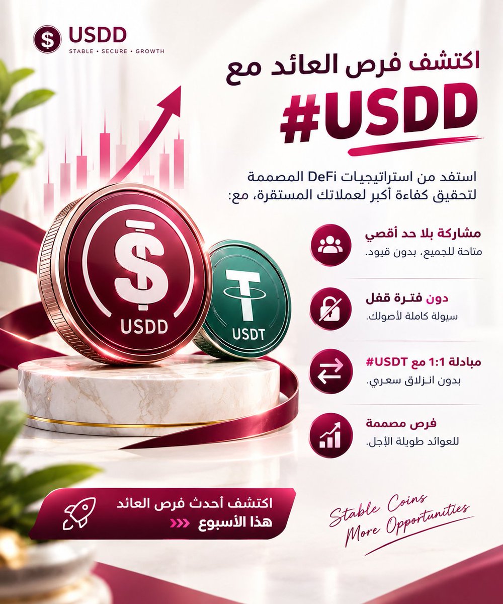 dly_z21213's tweet photo. 💚 اكتشف فرص العائد مع #USDD

استفد من استراتيجيات #DeFi المصممة لتحقيق كفاءة أكبر لعملاتك المستقرة، مع:
• مشاركة بلا حد أقصى
• دون فترة قفل
• مبادلة 1:1 مع #USDT دون انزلاق سعري
• فرص مصممة للعوائد طويلة الأجل

🚀 اكتشف أحدث الفرص هذا الأسبوع. https://t.co/3cE3o8RvuX