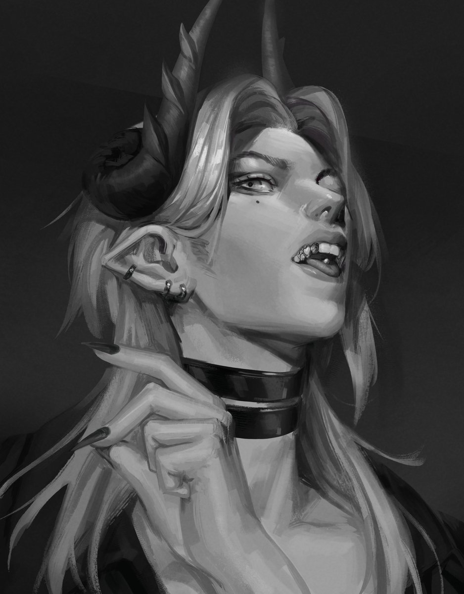 hvairn's tweet photo. Grillz 🦷 #Netherrizz

(I intended for this to be in colour but the values were off because im losing my sauce so I switched to grayscale and i prefer it this way i think- even if the actual teeth jewelry is less obvious this way) https://t.co/w9O7KxMmPE