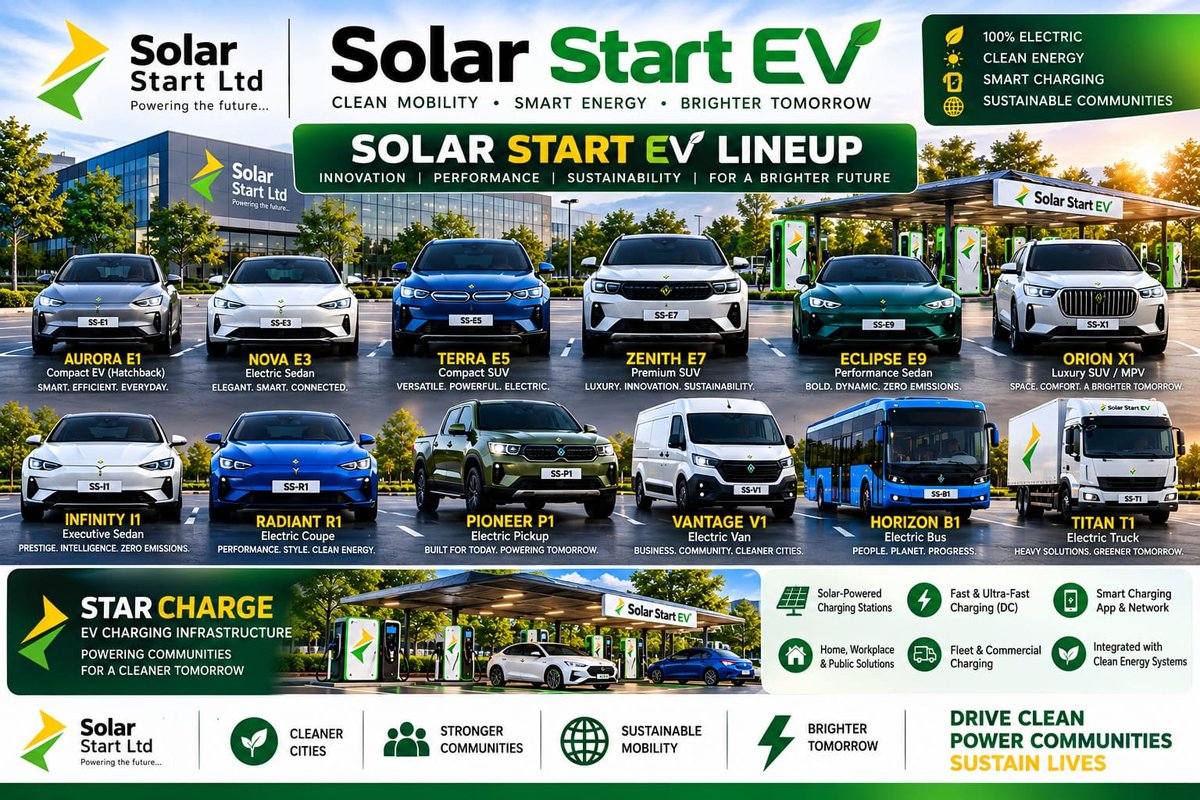 SolarStartLtd's tweet photo. Solar Start EV™ overall electric-mobility brand.

Vehicle lineup brand Aurora E1, Nova E3, Terra E5, Zenith E7, Eclipse E9, Orion X1, Infinity I1, Radiant R1, Pioneer P1, Vantage V1, Horizon B1, and Titan T1.

Charging infrastructure, STAR CHARGE. https://t.co/Ua722hSDiQ