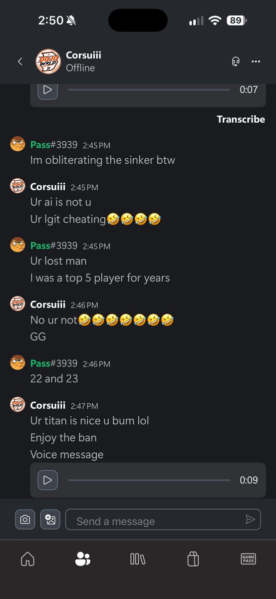 PassMLB's tweet photo. Just played @Broddddd3 in MLB and beat him bad. Sucks to see such a sore loser in his position. I’ve been in this community for literal years and have never once been accused of cheating. He started sending voice messages to prove it was him and flex his earnings 😂😂 https://t.co/ByuwkDUVNq