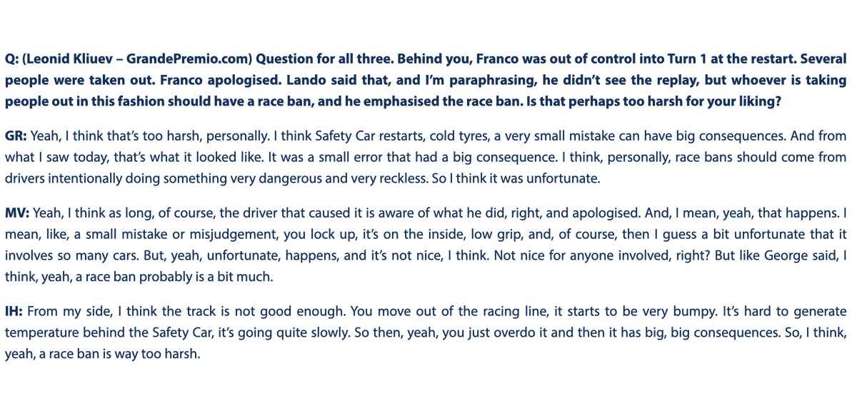 F1GuyDan's tweet photo. For added context, George Russell, Max Verstappen &amp; Isack Hadjar were all asked about Lando Norris' race ban comments about the Franco Colapinto crash.

They all agreed that it seemed a bit too harsh. It wasn't just Max. https://t.co/OfFJ07evRZ