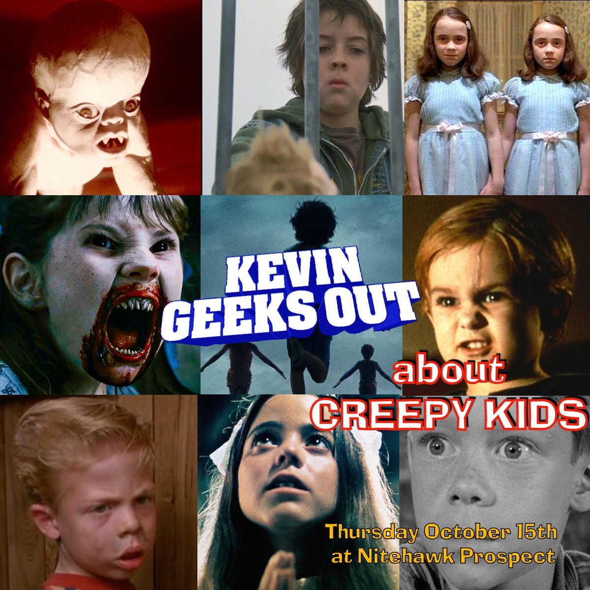 nitehawkcinema's tweet photo. Comedian @kevingeeksout returns to Nitehawk with a variety show featuring odd toddlers and killer children from movies and TV, including satanic spawn, vampire kids, ghost girls, telekinetic tykes and zombie babies.

KEVIN GEEKS OUT ABOUT CREEPY KIDS is Thu 10/15 at Prospect Park https://t.co/jlTw2nwzLK