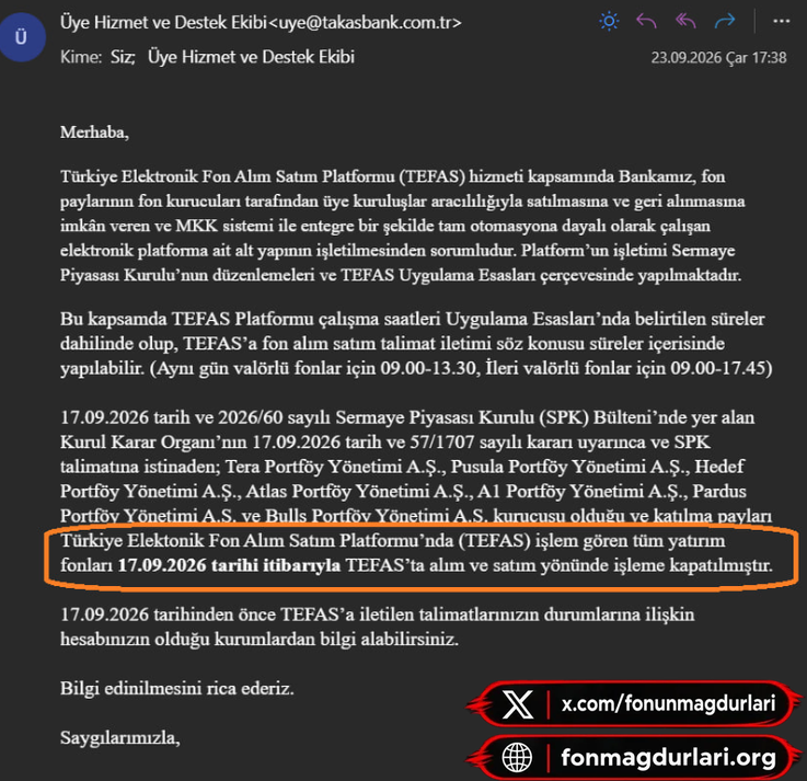 fonunmagdurlari's tweet photo. 🚨TAKASBANK'IN RESMİ CEVABINDAKİ ÇELİŞKİ: KENDİ ÇALIŞMA SAATİNİ YAZIP, 17 EYLÜL EMİRLERİNİ YOK SAYIYOR! 

Takasbank Üye Hizmetleri'nin yatırımcılara gönderdiği resmi e-posta, kurumlar arasındaki koordinasyonsuzluğu ve sorumluluktan kaçış taktiğini açıkça belgeliyor:

📌 Takasbank E-Postasında Ne Diyor?

"TEFAS çalışma saatleri geçerlidir, alım-satım talimatları aynı gün valörlü fonlar için 09.00 - 13.30 arasında iletilebilir."
Hemen ardından; "SPK'nın 2026/60 sayılı bülteni uyarınca fonlar 17.09.2026 tarihi itibarıyla işleme kapatılmıştır."
Ve en kritik kaçış cümlesi: "17.09.2026 tarihinden ÖNCE iletilen talimatlar için kurumunuzdan bilgi alın."
🚨BURADAKİ RESMİ ÇELİŞKİ ÇOK AÇIKTIR:

Takasbank kendi yazısında sistemin 13:30'a kadar açık olduğunu kabul ediyor.
SPK'nın tasfiye esaslarını düzenleyen 2026/61 sayılı bülteni de (Md. 6) açıkça "17 Eylül 13:30" saatini milat kabul ediyor.
Buna rağmen Takasbank, saat belirtmeyen 2026/60 sayılı genel bülteni öne sürerek 17 Eylül günü 09:00 - 13:30 arasında TEB, Garanti gibi bankalarca TEFAS'a başarıyla iletilen emirleri görmezden geliyor ve sorumluluğu aracı kurumlara atıyor!
Banka resmi dökümleriyle emrin 11:53'te TEFAS'a gittiği ispatlıyken; Takasbank'ın "17 Eylül öncesine bakın" diyerek günü toptan silmeye çalışması mevzuata aykırıdır.

SPK 2026/61 Md. 6 gereği, 17 Eylül 13:30 öncesi TEFAS sistemine girmiş olan tüm emirler fon hesabına borç kaydedilmek ve öncelikle nakden ödenmek zorundadır.

Biz kendi hakkımızı savunmazsak kimse bizim yerimize savunmaz!

📌CİMER, KDK, SPK, Bankalar, TBB, BDDK, e-Dilekçe ve tüm milletvekillerine tek tıkla şikayet gönderebileceğiniz güncel hazır metinler için sitemizdeki şikayet sihirbazını kullanın:  https://t.co/uynIzCiE0L 

#tly #thf #tmv #tp2 #pnu #fsu #doh #dfi #TeraMağduriyetiSonBulsun #fonmağdurları #FonMagdurlari #TefasMagdurlari #SPK #MehmetSimsek #TBMM #CIMER #KDK #DDK #FonMağdurları #TEFAS #Takasbank #Fibabanka #akbank #garanti #FonMağdurlarıAçıklamaBekliyor
@55erhanusta
@cevdetakaychp
@spkgovtr
@Takasbank
@memetsimsek
@RTErdogan