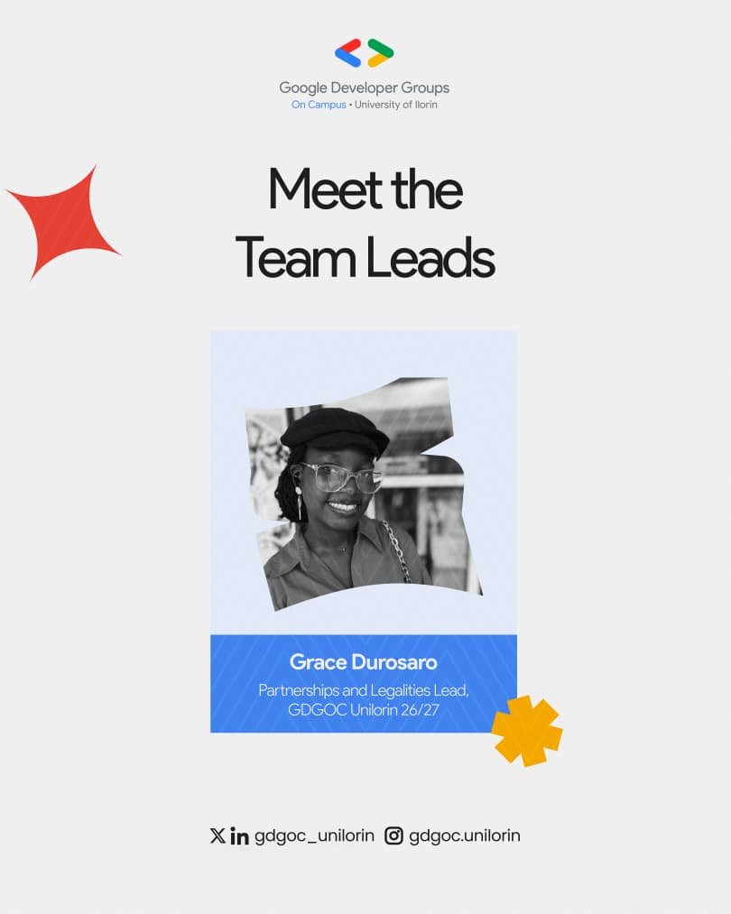gdgoc_unilorin's tweet photo. Meet Grace Durosaro, our Partnerships and Legalities Lead for GDGoC Unilorin🥳

She will be building the connections that keeps the community grounded, from partnerships that open doors to the legal groundwork that keeps everything solid🤭

We're excited to have her leading this. https://t.co/tzKgrPgqvh