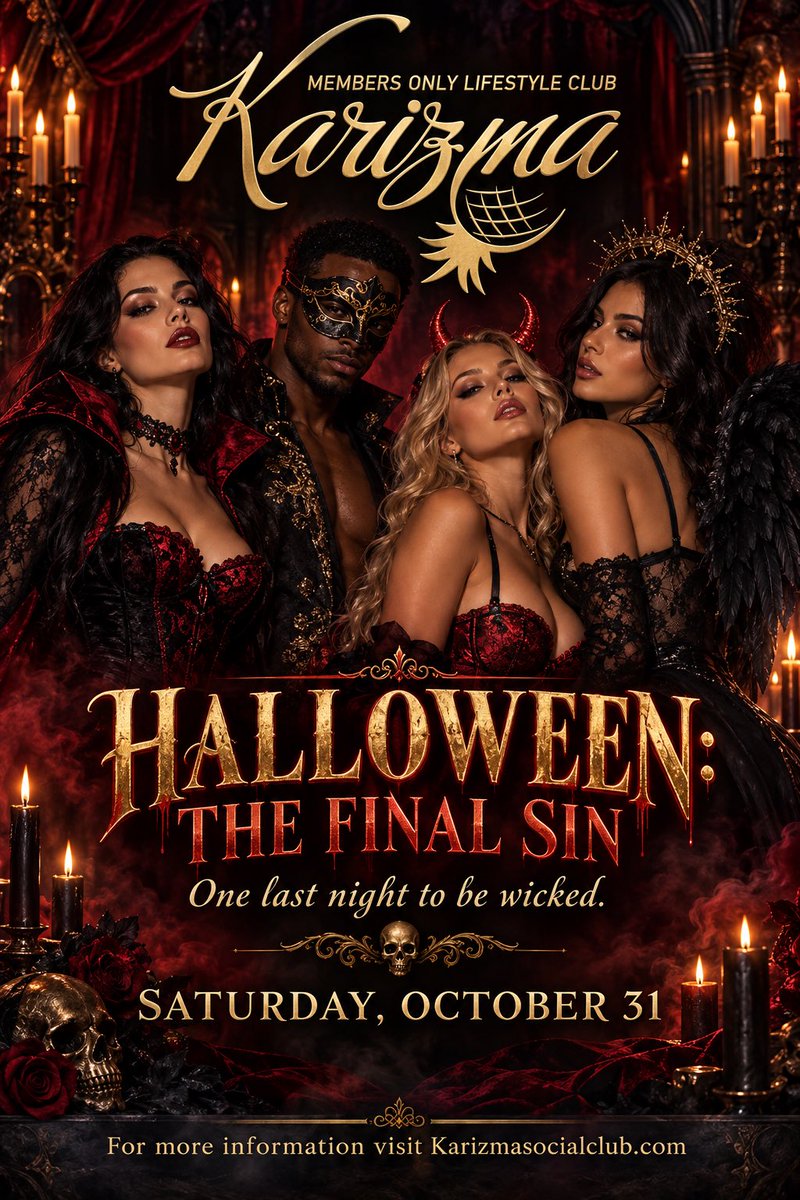 ClubKarizma's tweet photo. 🎃🔥 HALLOWEEN: THE FINAL SIN 🔥🎃

This Halloween, we’re saving the wickedest for last. 😈

Come dressed to seduce, scare, or steal the spotlight — because on Halloween night, anything can happen. 👻😈💋

🕯️ One last night to be wicked.
Will you give in to temptation? 😏 https://t.co/jx38aMCU5A