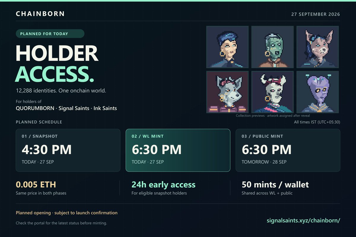 emergeen's tweet photo. #CHAINBORN holder access is planned for today.

QUORUMBORN, @SignalSaints &amp; @InkSaints_ holders:
Snapshot: 4:30 PM IST
WL mint: 6:30 PM IST
24h early access • 0.005 ETH

Subject to launch confirmation.
https://t.co/wTtqvEo8w6

#NFT #NFTs https://t.co/GQAkE3gypu