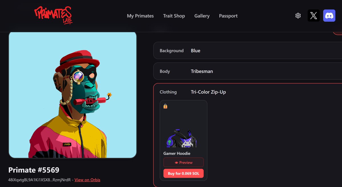 luckysol777's tweet photo. This guy @0xHyuga done the @Primatesnft Lab where primates can go and purchase some traits. 

Yesterday on the Floor Watch stream @527hats and @synndrabtc joined @TADIGITAL1 and I to highlight the new Lab. I suggested a few tweaks.

1. Where you could purchase a trait directly from the preview screen instead of being sent to the Trait Shop.

2. Adding an eligible traits toggle filter to see the traits I could actually purchase instead of showing them all.

@0xHyuga was in the chat making notes on the feedback given. This guy then had the audacity to go  away and carry out those changes within 24 hours.

I don't own any @misfitsorder - I will be looking to change that soon.