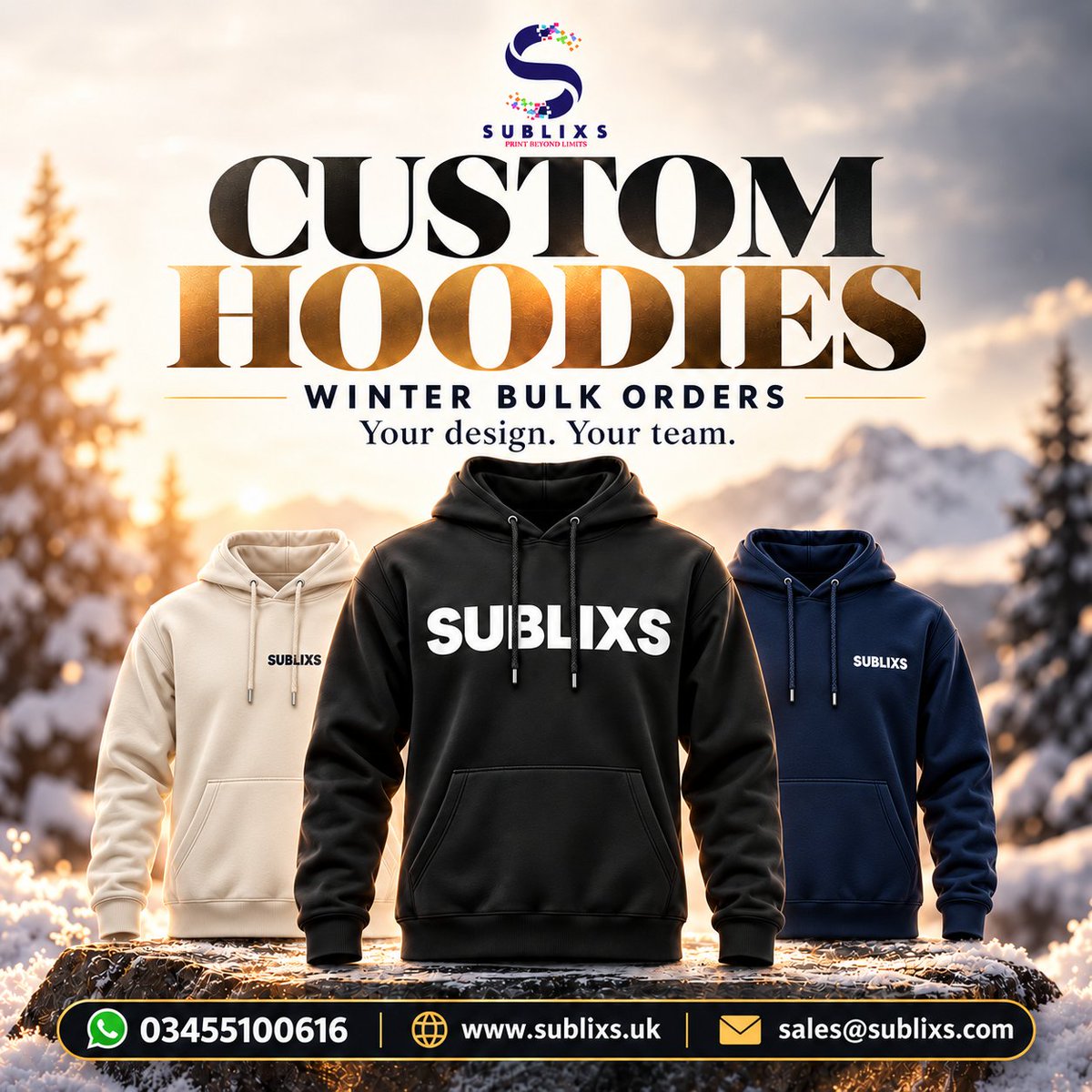 sublixs's tweet photo. Custom hoodies for your team, club or brand. Choose your design and colours; Sublixs will make them to order.
Winter bulk orders are open. Send your quantity and requirements on WhatsApp for a quote: 03455100616.
#Sublixs #CustomHoodies #BulkHoodies #WinterHoodies #CustomApparel https://t.co/rINtdQPVqT