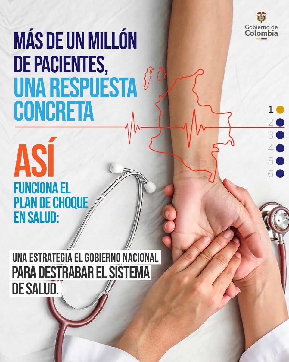 infopresidencia's tweet photo. (Hilo) Cuando un paciente espera un medicamento o un procedimiento que necesita, el Estado tiene que responder.

Por eso, el Gobierno Nacional pone en marcha el Plan de Choque en Salud, una medida extraordinaria y temporal para avanzar de los reclamos a las soluciones concretas.

La estrategia tendrá seguimiento permanente para verificar que cada caso avance hasta su resolución. Una Mesa Técnica de Control, integrada por el Ministerio de Salud, la Superintendencia Nacional de Salud y la ADRES, vigilará la reducción de pendientes, la entrega efectiva de medicamentos y procedimientos y el uso de los recursos destinados al Plan.