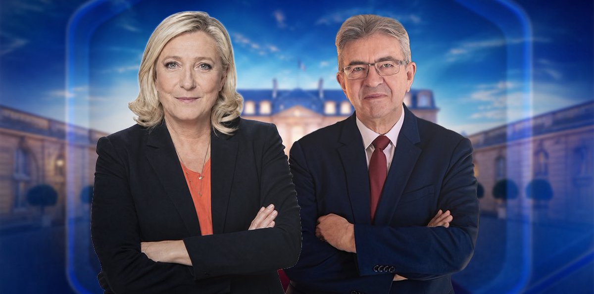 actuetpolitique's tweet photo. 📊🇫🇷 PRÉSIDENTIELLE - Selon un sondage à paraître prochainement, Marine Le Pen affronterait Jean-Luc Mélenchon au second tour de l’élection présidentielle dans tous les cas de figure. Au second tour, elle l’emporterait très largement dans chacune des configurations. https://t.co/65Nq6B6edA