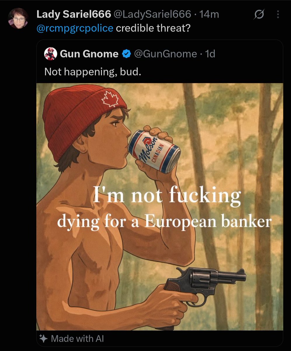 GunGnome's tweet photo. Look at this dumb slag trying to report me to the police.

In what universe would it be a "credible threat" to say I'm not willing to die fighting the US?

Get the F out of here, you empty egg carton. https://t.co/ot2riSGqP3