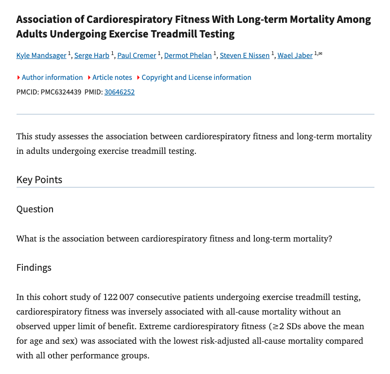 LxngevityLab's tweet photo. Your cardio fitness predicts how long you'll live better than your cholesterol, blood pressure, or your genes (and low fitness is deadlier than smoking).

Here's what it means and how to raise it:

In a study of 122,000 people (Mandsager, JAMA 2018), the fittest had an 80% lower risk of death than the least fit.

Low fitness carried a higher risk of dying than smoking, diabetes, or heart disease. It's the single strongest longevity marker there is.

The number is your VO2 max, the top amount of oxygen your body can use during hard effort.

The higher it is, the stronger your heart, lungs, and muscles are working together, which is why it tracks so closely with how long you live.

Test it roughly by how winded you get.

If a brisk hill or a flight of stairs leaves you gasping, your VO2 max is low. If you can hold a conversation through moderate effort, you're in a good range. A watch estimate gets you a real number.

Build it with two things.

Easy zone 2 cardio a few times a week grows your aerobic base, and one weekly session of short hard intervals raises the ceiling.

Nothing lifts your VO2 max faster than 4 minutes hard, 3 minutes easy, repeated 4 times.

VO2 max is trainable at any age, and every step up drops your risk of dying by 13 to 15%.

Train your heart like your life depends on it, because the data says it does.