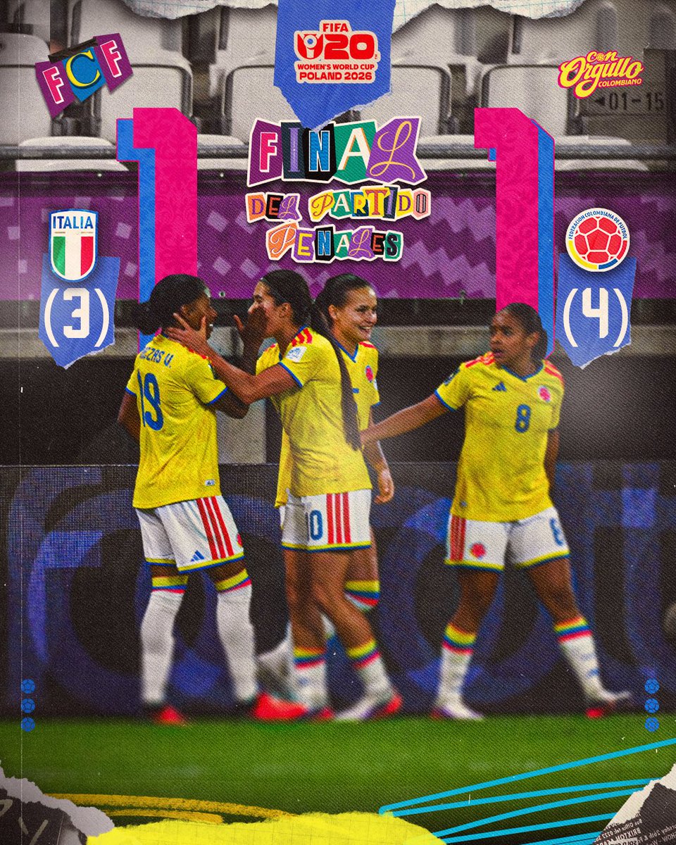 FCFSeleccionCol's tweet photo. ¡𝗙𝗜𝗡𝗔𝗟 𝗗𝗘𝗟 𝗣𝗔𝗥𝗧𝗜𝗗𝗢! 👑

Gran victoria de nuestra Selección Colombia Femenina Sub 20 en el partido por el Tercer Puesto en la Copa Mundial de la FIFA 🆚 🇮🇹

🇨🇴 (4) 1-1 (3) 🇮🇹
⚽️ Sintia Cabezas

#ConOrgulloColombiano 🇨🇴 https://t.co/h0gCgnvSTx