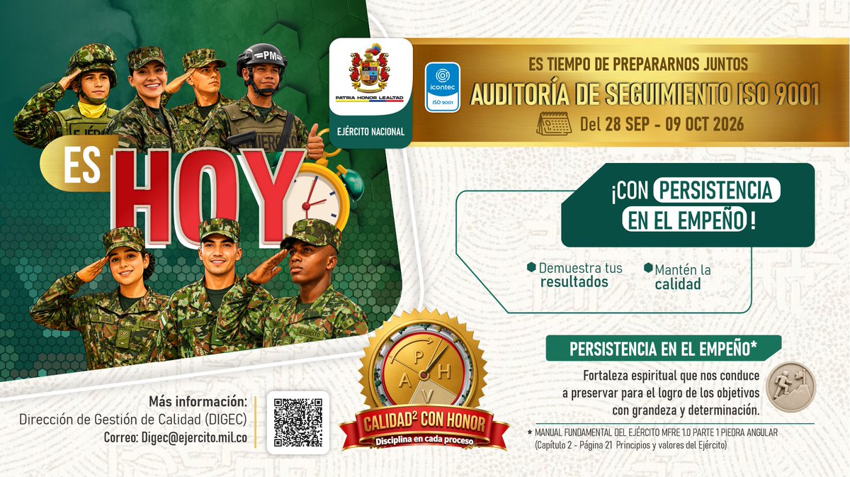 Ejercito_DANTE's tweet photo. ¡Es hoy! Del 28 de septiembre al 9 de octubre, @COL_EJERCITO adelanta la auditoría de seguimiento al Sistema de Gestión de la Calidad, bajo los lineamientos de la norma ISO 9001.

Este proceso fortalece la transparencia institucional. #IntegridadYTransparencia https://t.co/K5ykdXFvLv