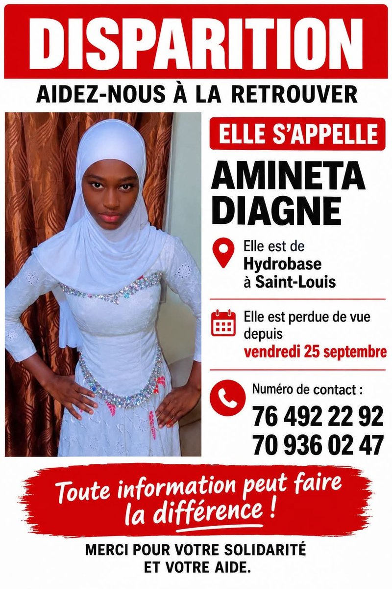Avis_Senegal's tweet photo. 🚨Partagez pour aider ses parents à la retrouver https://t.co/e8oRaKlf9V