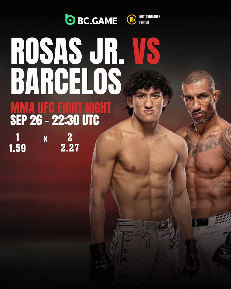 bcgamewinsports's tweet photo. 🇲🇽Raul Rosas Jr. 🆚 Raoni Barcelos🇧🇷
UFC Fight Night – Main Event

21-year-old Raul Rosas Jr. becomes the youngest UFC headliner ever… can the veteran Raoni Barcelos (5-fight win streak) spoil the party? 👀  

Who survives the grind?  @yosoy8a 
#UFC #UFCVegas #RosasJr #Barcelos