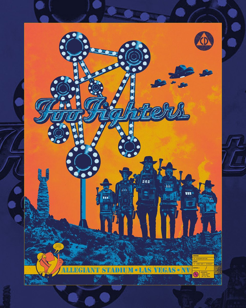foofighters's tweet photo. VIVA LAS VEGAS!!!
@AllegiantStadm  
🎟️ https://t.co/9dggMuLbs3

4:00pm  Doors Open
5:30pm  @gougeawayfl 
6:30pm  @qotsa 
8:00pm  #FooFighters 

Early merch shopping opens today at 2:00pm. Located in Lot C at the corner of W Hacienda Ave & Allegiant Stadium Way.

Poster art by Rob Jones + Chris Everhart
#FF2026
