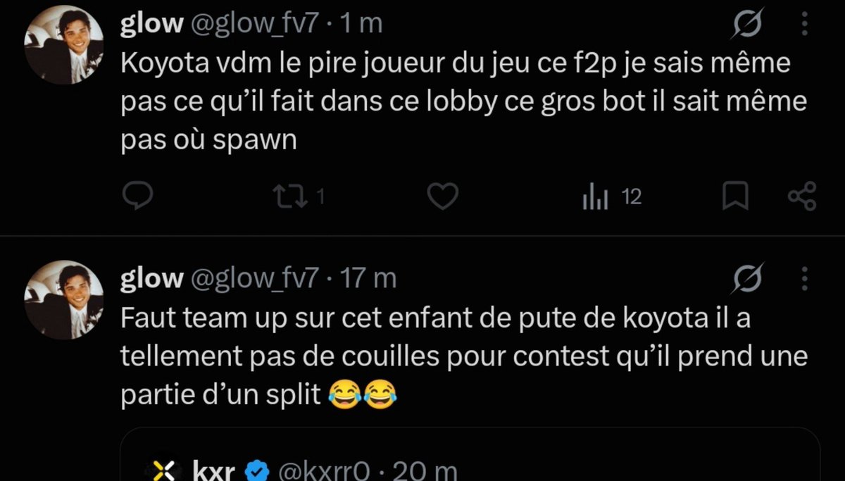 lsdraxv1's tweet photo. @Moyy76 @glow_fv7 @lyost_esport @MomsyFN Ahahahaha cette salope il m'a bloqué mais depuis taleur je le vois faire des tweet en critiquant koyota alors que c'est le mec le plus Gentil de la lan il a juste la haine ce fdp https://t.co/jMNvqOP1pJ