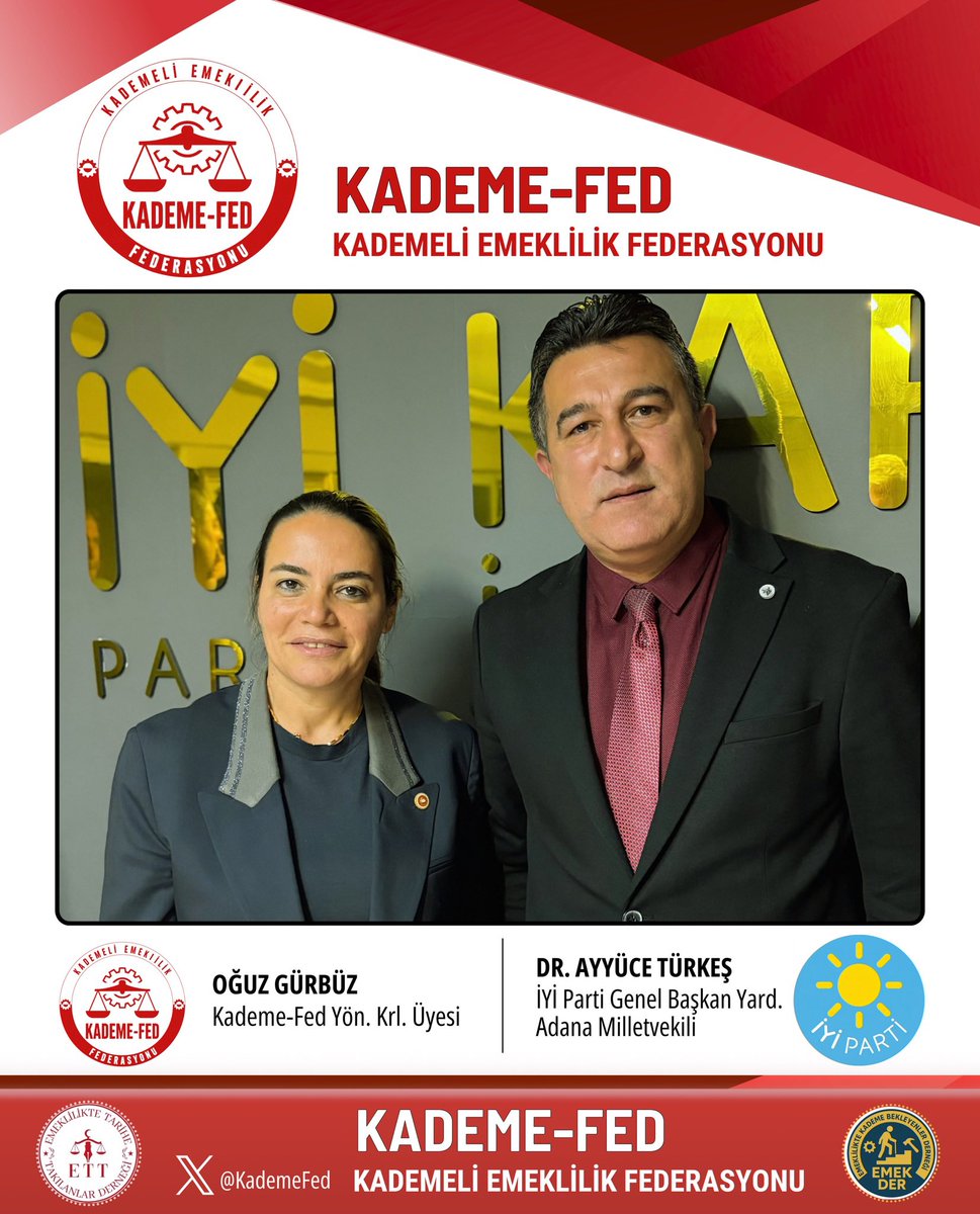 ETTDER1999's tweet photo. TBMM’DEKİ GÜR SESİMİZ SAYIN DR. AYYÜCE TÜRKEŞ İLE KARTAL’DA BİR ARAYA GELDİK 

İYİ Parti Genel Başkan Yardımcısı ve Adana Milletvekilimiz Sayın Dr. Ayyüce Türkeş, Kartal İlçe Başkanlığı ziyareti kapsamında Kademeli Emeklilik Federasyonu Genel Başkanımız Sayın Filiz Koç Konca ve Yönetim Kurulu Üyemiz Sayın Oğuz Gürbüz ile bir araya gelmiştir.

Kademeli emeklilik hakkının iadesi, meclis kürsüsü başta olmak üzere her platformda mağduriyetlerin gür sesi olan Sayın Türkeş'e, 8 Eylül 1999 sonrası işe giren çalışanlarımızın yaşadığı haksızlıklar ve çözüm önerilerimiz detaylarıyla aktarılmıştır.

Göstermiş oldukları yakın ilgi, samimi ev sahipliği ve adalet mücadelemize verdikleri kararlı destekten dolayı Sayın Dr. Ayyüce Türkeş’e, İYİ Parti Kurumsal İşlerden Sorumlu Genel Başkan Yardımcısı Sayın Şükrü Kuleyin ve İYİ Parti Kartal İlçe Teşkilat Başkanı Önder Karakelle ve İlçe Teşkilatına teşekkür ederiz.

Birlikte kazanacağız, adalet yerini bulacak! 🇹🇷

Kademeli Emeklilik Federasyonu

@iyiparti @ipekozkal @SBugraKavuncu @TuranYALDIR @LutfuTurkkan @ayyuceturkestas @sukrukuleyin61 @KarakelleOnder @stselcan @YS_Turkoglu @aefakibaba @yavuzaydintrb @senolsunat @ridvanuz17 @beyaz_ersin @_hakanolgun @Ozturkdenizli @HasanToktasTR @2727mmg2727 
@Akburak @mehmetakalin22 @MDervisogluTR @KevserOfluoglu 
@Dilrubaoglckl @ahmetkabaca14 @deryaavci76 @emrah_av @Yucel_Coskun 

#KademeliEmeklilik #KademeHaktır #AdaletİçinKademe #İYİParti 

@KademeFed 
@ETTDER1999
@EmekDerResmi
#KademeVaktiGeldi