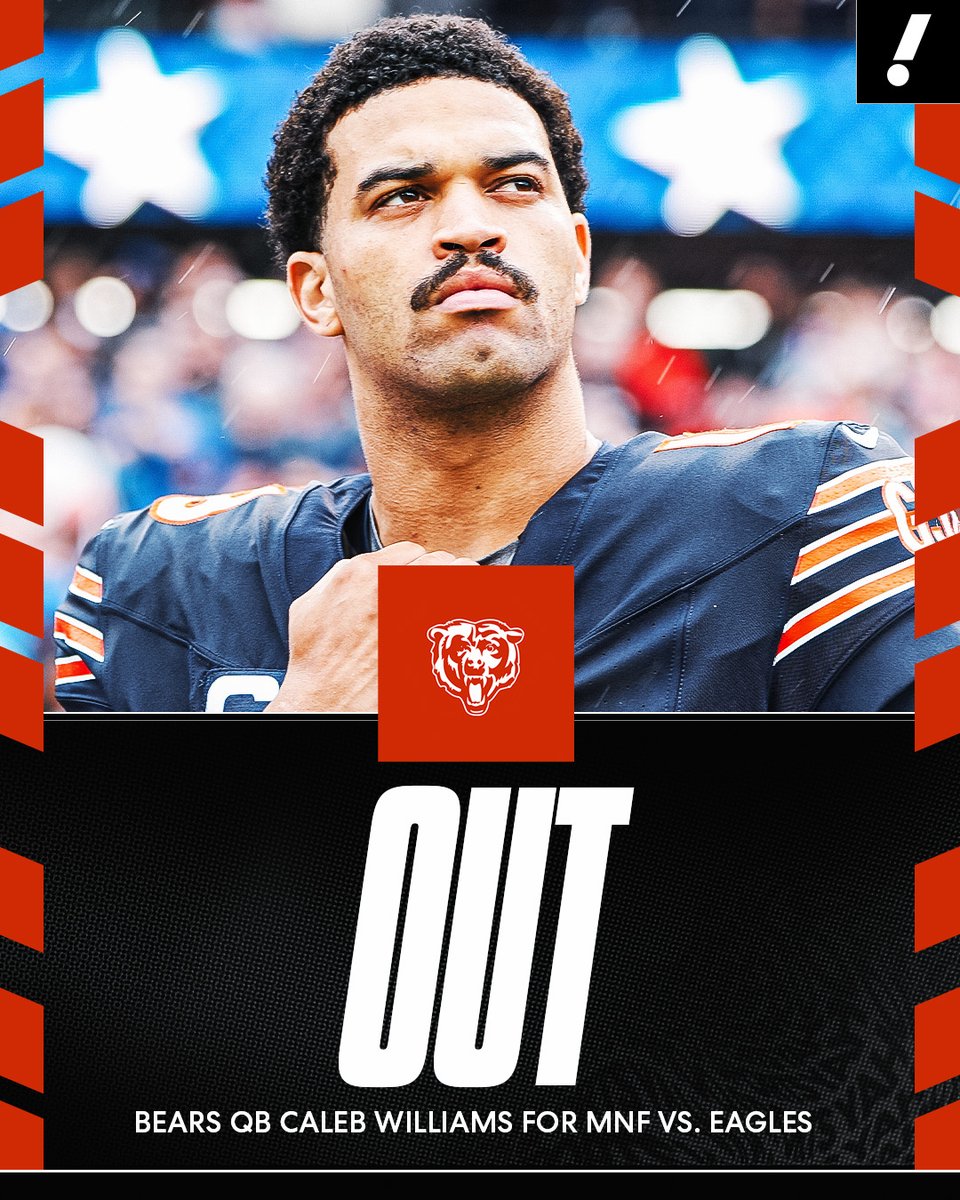 YahooSports's tweet photo. Caleb Williams has officially been ruled OUT for Monday night vs. the Eagles with the hamstring injury he sustained against the Vikings, the Bears announced. https://t.co/lvhzi4iAas
