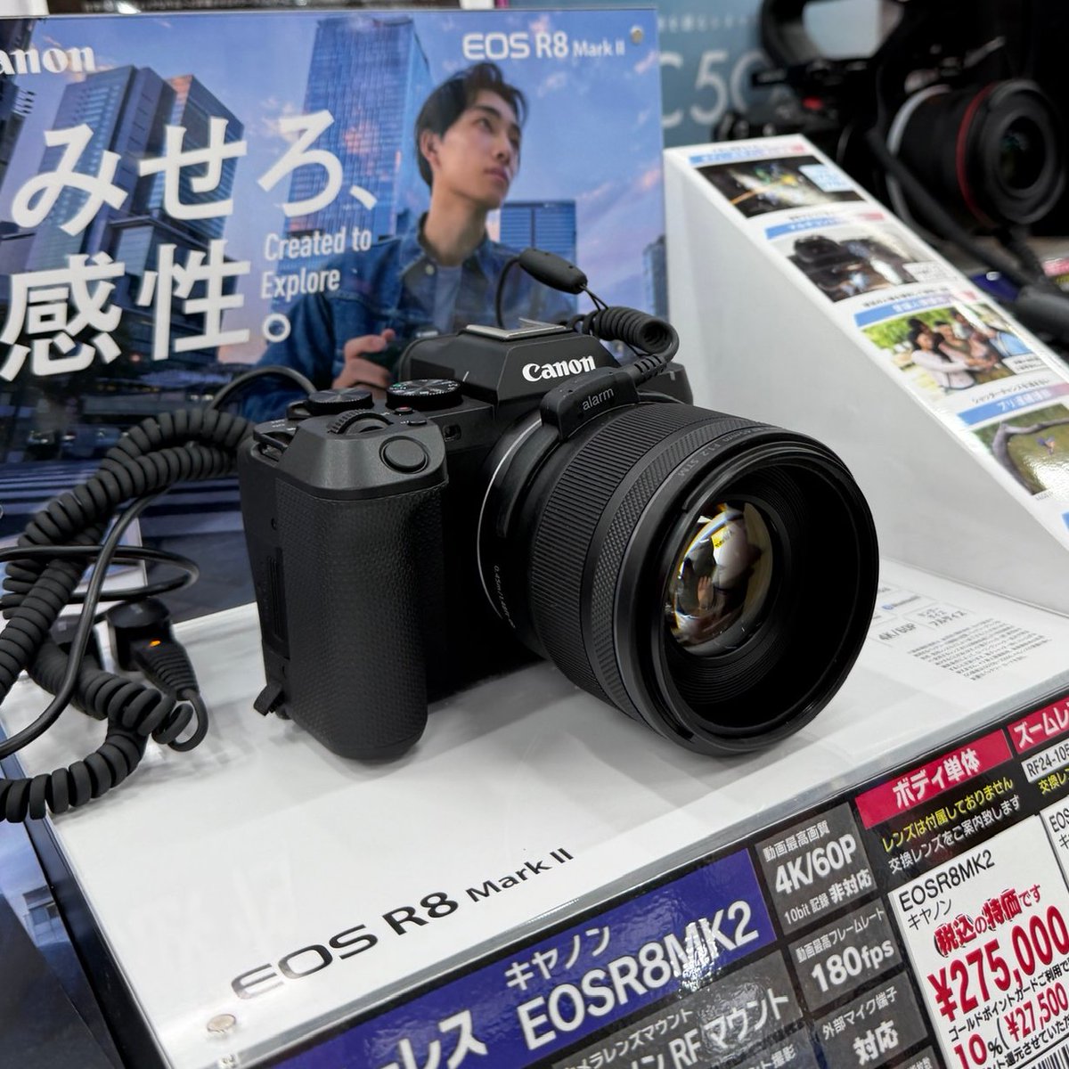 hongoutwo's tweet photo. Canon EOS R8 Mark IIですが、金曜日25日展示開始だったらしく、ビックカメラ有楽町店で。本日はヨドバシAKIBAアキバにて触ってきました。やっぱりグリップがR8より浅くて、ちょっと浮かせて持つ感じです。私だけなのかしら?🐥 #R8mark2 #キヤノン https://t.co/kTYqOj21Jn