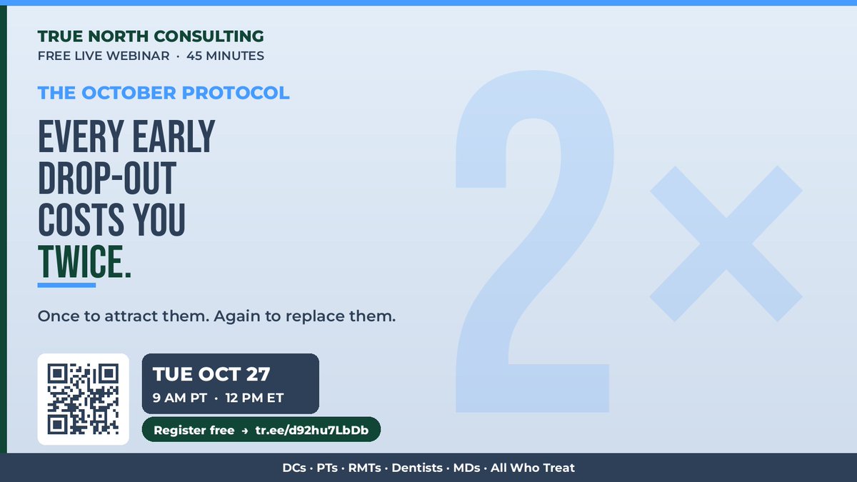 drcaryyurkiw's tweet photo. It's not a new-patient problem.
It's a visit-3 problem.
Free live webinar, Tue Oct 27
Register: https://t.co/EbBdv79Fee
#TheOctoberProtocol #PatientRetention https://t.co/wmLEgNFWX0