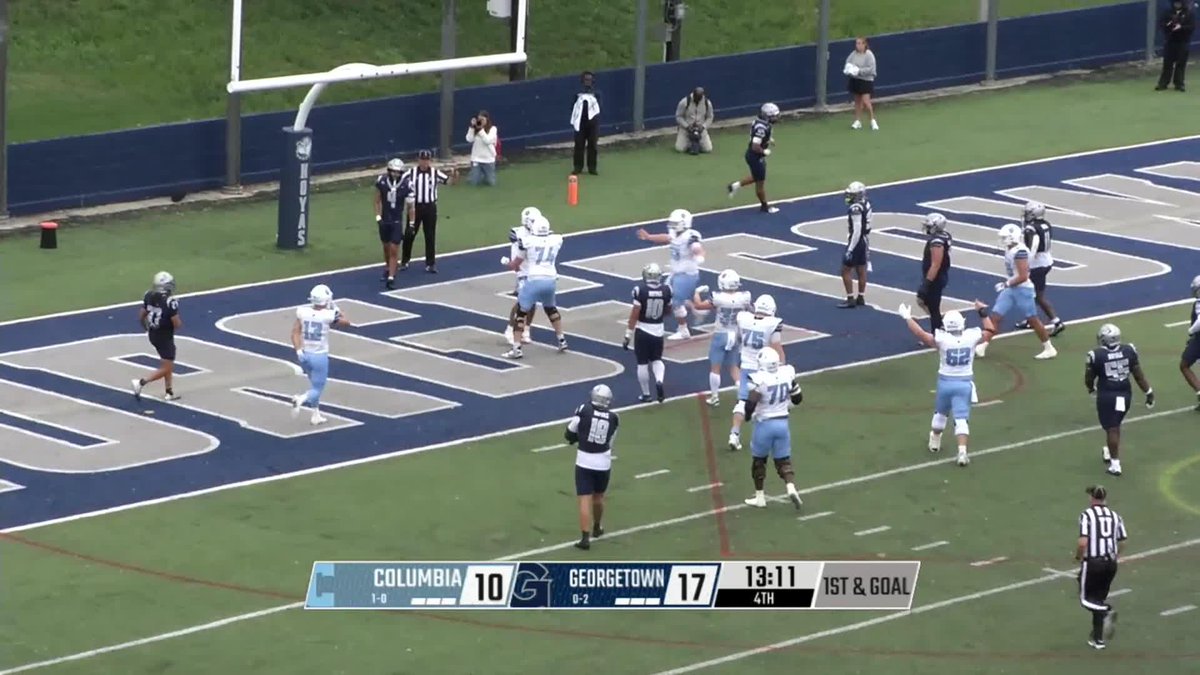 A football game between Columbia (10) and Georgetown (17) with 13:11 remaining in the 4th quarter, 1st & Goal, near the end zone.