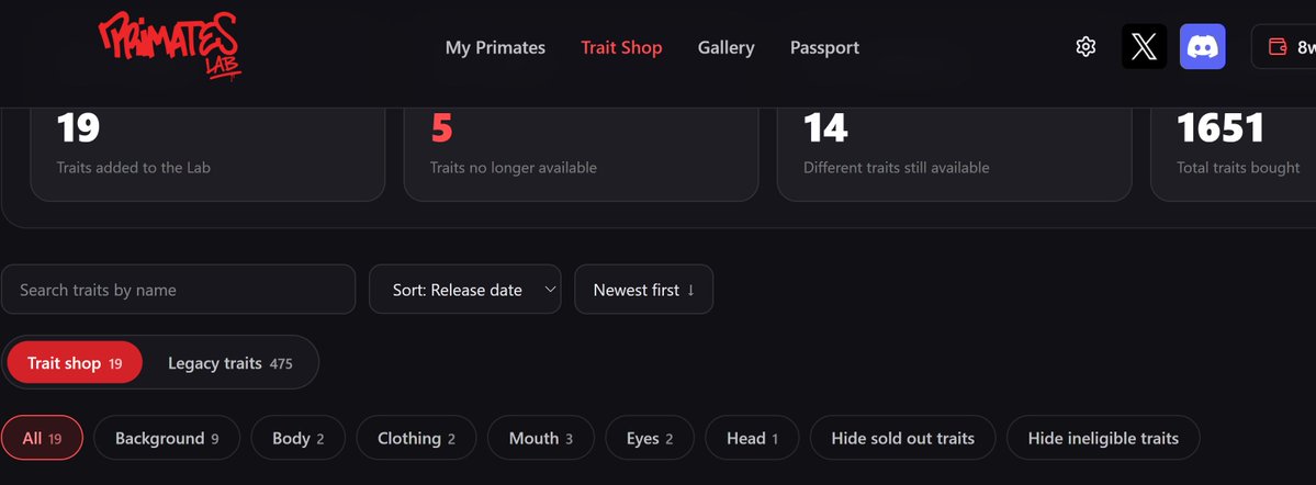 luckysol777's tweet photo. This guy @0xHyuga done the @Primatesnft Lab where primates can go and purchase some traits. 

Yesterday on the Floor Watch stream @527hats and @synndrabtc joined @TADIGITAL1 and I to highlight the new Lab. I suggested a few tweaks.

1. Where you could purchase a trait directly from the preview screen instead of being sent to the Trait Shop.

2. Adding an eligible traits toggle filter to see the traits I could actually purchase instead of showing them all.

@0xHyuga was in the chat making notes on the feedback given. This guy then had the audacity to go  away and carry out those changes within 24 hours.

I don't own any @misfitsorder - I will be looking to change that soon.