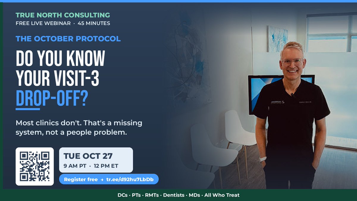 drcaryyurkiw's tweet photo. Quick question for clinic owners:
Do you know your visit-3 drop-off rate?
If not, you're not alone, and it's fixable.
Free webinar, Oct 27: https://t.co/EbBdv79Fee
#TheOctoberProtocol #PatientRetention https://t.co/kGHMY2b8Bs