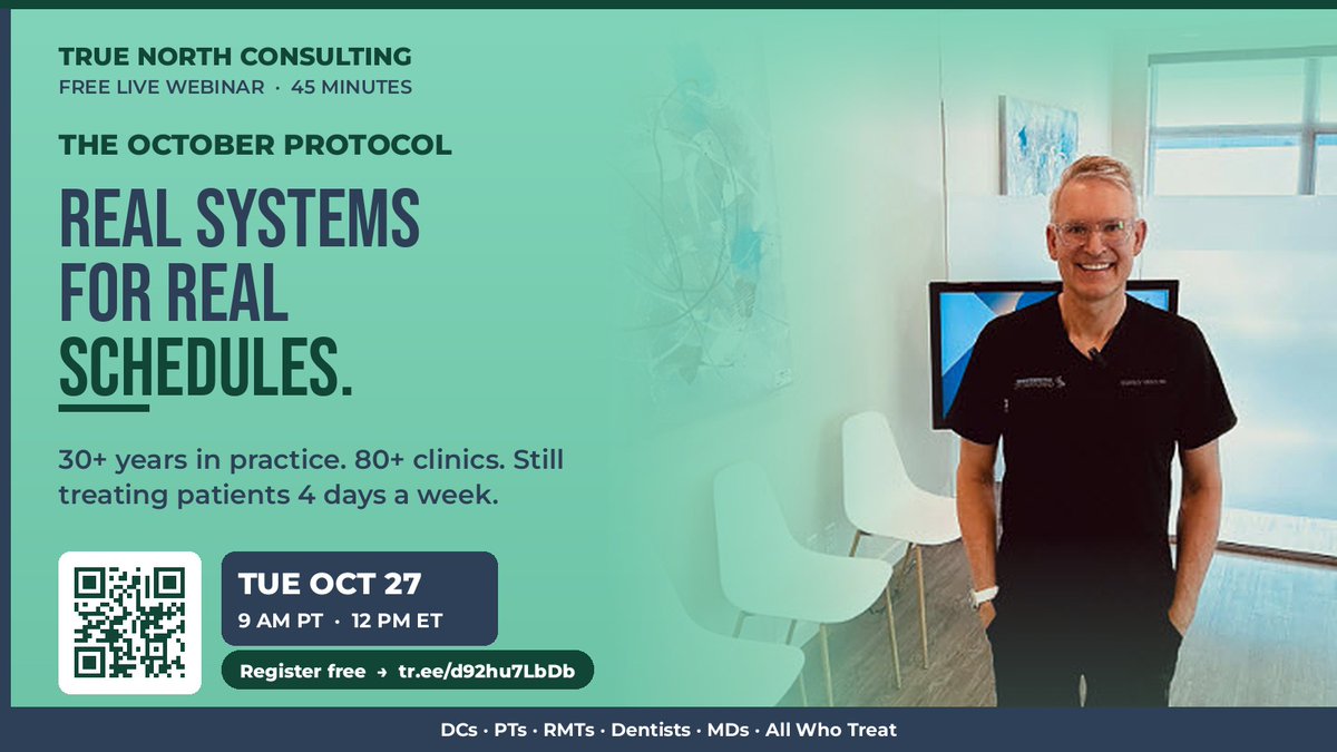 drcaryyurkiw's tweet photo. 30+ years in practice. 80+ clinics. Still treating 4 days a week.
No theory, just systems that work on a full schedule.
The October Protocol, free, Oct 27
https://t.co/EbBdv79Fee
#TheOctoberProtocol #PracticeGrowth https://t.co/YCrBC2GW96