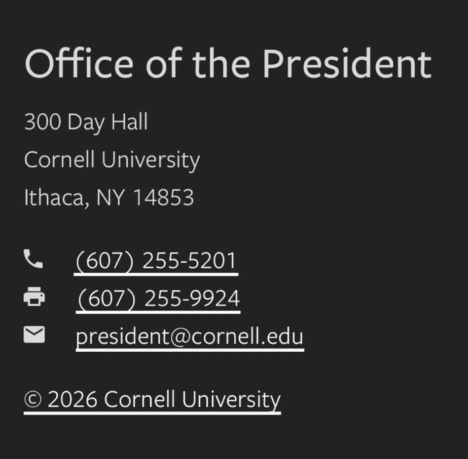 emkenobi's tweet photo. Contact information for the president of @Cornell who helped make sure 7 rapists got away with their crimes. https://t.co/ynhuNVuVhj