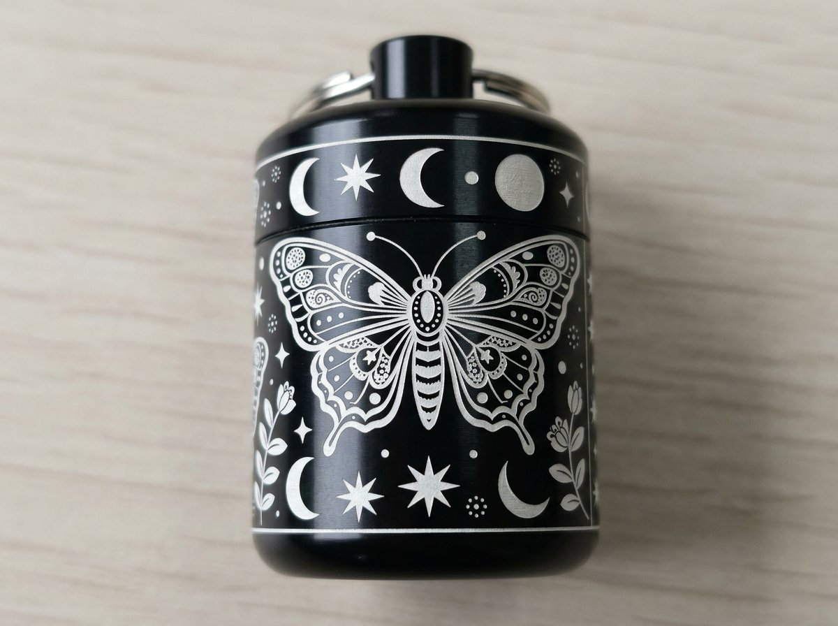 FestivalEarPro's tweet photo. Celestial Butterfly. Screw-top lid, o-ring seal underneath, hi-fi filter rated NRR 19dB inside. Small enough to live on your keys. #FestivalEarPro #RailRiderz #FestivalEarplugs https://t.co/nkA7vbHZ15