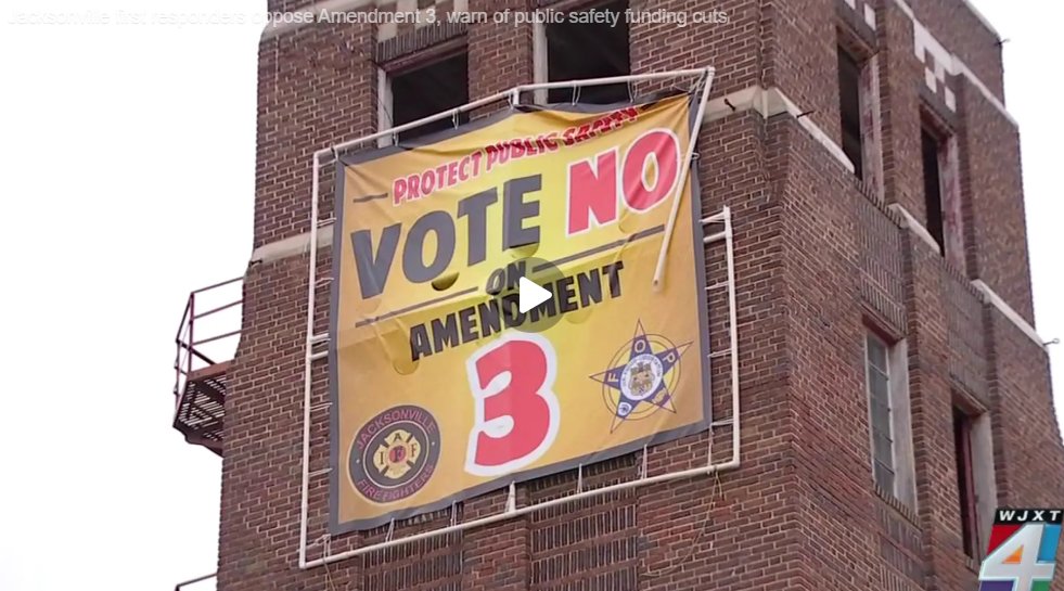 wjxt4's tweet photo. Jacksonville firefighters and police officers are urging voters to reject Amendment 3, saying the proposed property tax changes could reduce funding for public safety services. https://t.co/PoOBM7wmEo