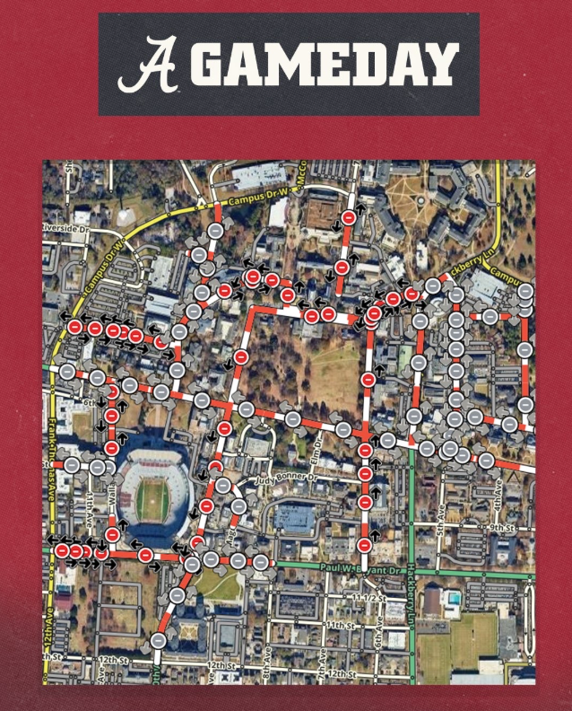 uagameday's tweet photo. Core campus roads are now closed! 🚧

Road closures do not affect public parking (Lot A, B, C, etc.)

Utilize @waze for the most up-to-date road closures &amp; traffic information!

#RollTide #BamaGameday https://t.co/RxbJsS18lp