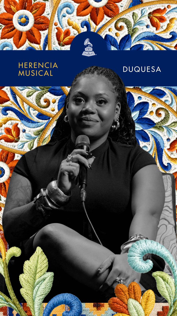 A promotional graphic for "Herencia Musical" features a black-and-white portrait of Duquesa holding a microphone against a vibrant, embroidered floral background, with text reading "HERENCIA MUSICAL" and "DUQUESA" beneath a Latin GRAMMY logo, highlighting her recognition of Edson Gomes' influence on Bahian musical heritage during Hispanic Heritage Month.